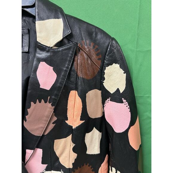 womens OOAK handpainted BEAUTY COMES IN SHADES black leather jacket sz M - Picture 3 of 5